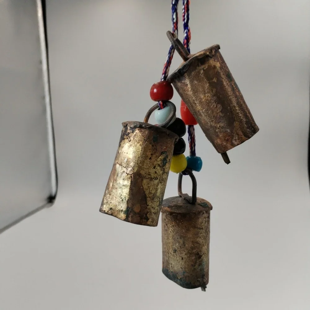 VTG Indian Tin Cow Bells Boho Hanging‎ Cluster 3 Brass Finish Glass Beads Rope